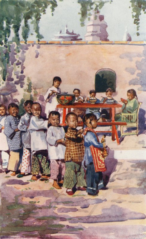 Kína gyermekei: (színes litográfia): Gyermekek az ételek és a játék közben (színes litográfia) alkotó: English School