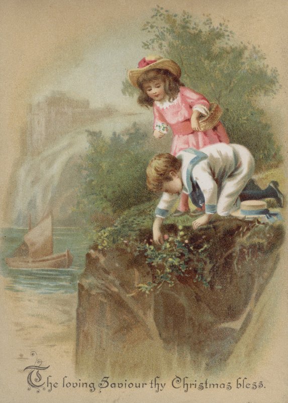 Gyerekek virágot szednek a folyóparton, karácsonyi üdvözlőlap (chromolitho) alkotó: English School