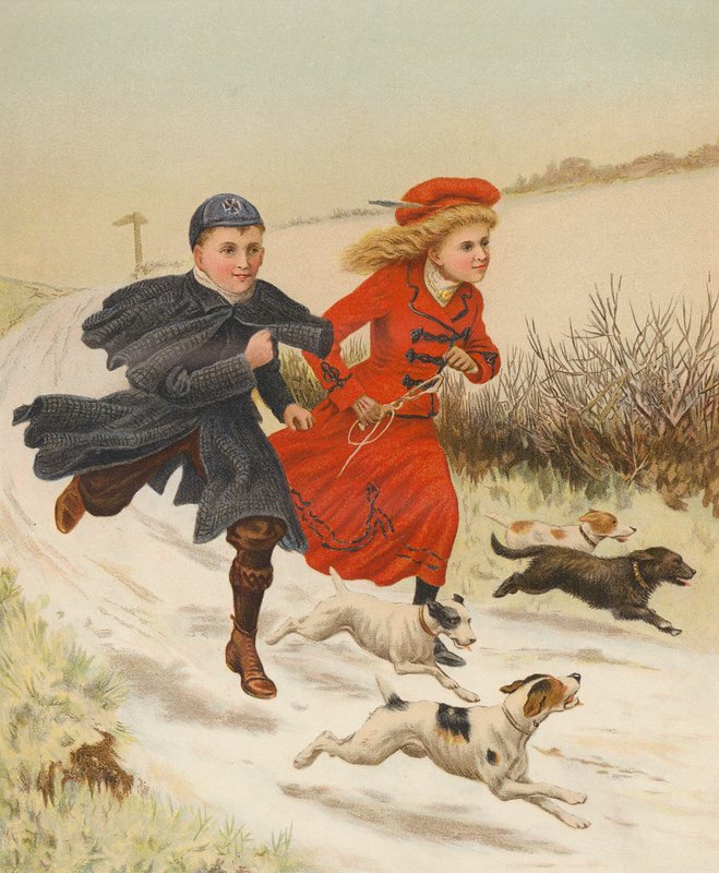 Gyerekek kutyákkal futnak egy havas úton (chromolitho) alkotó: English School