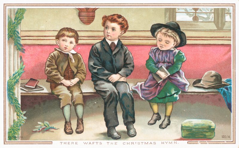 Gyerekek ülnek a templomban, karácsonyi kártya alkotó: English School