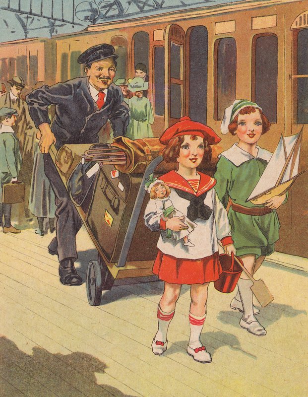 Vonattal az ünnepekre utazó gyerekek (színes litho) alkotó: English School