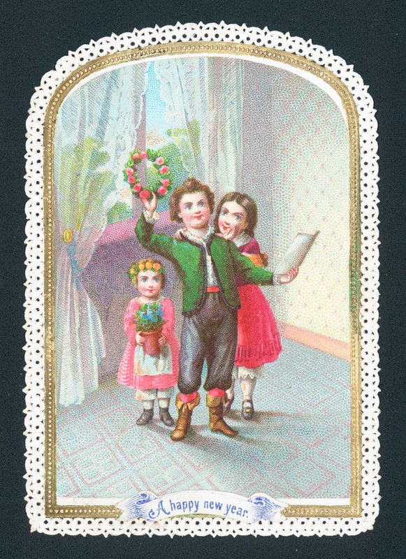 Gyermekek koszorúval és virágokkal, újévi kártya alkotó: English School
