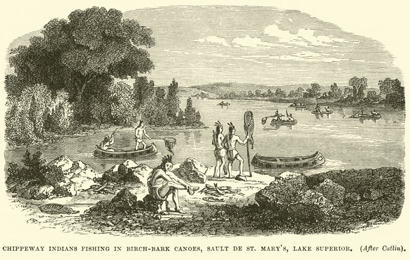 Chippeway indiánok halásznak a nyírfakéreg kenukban, Sault de St Marysben, a Superior-tónál alkotó: English School