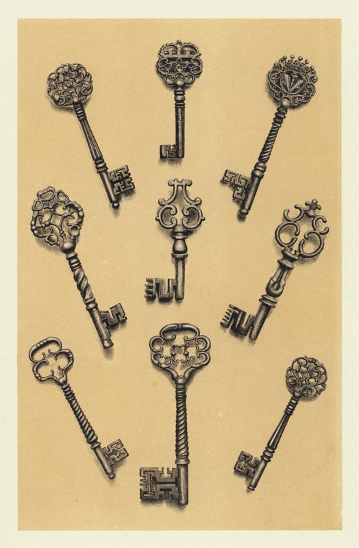Vésett acélkulcsok a tizenhatodik és tizenhetedik századból (chromolitho) alkotó: English School