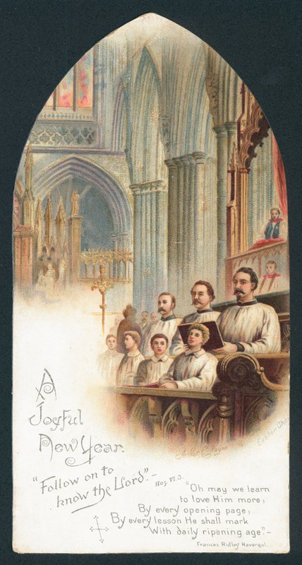 Kóruséneklés a templomban, újévi kártya alkotó: English School