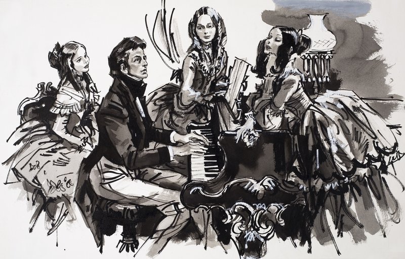Chopin női hódolókkal (gouache, papír) alkotó: English School