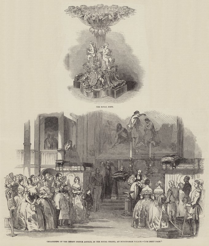 Arthur csecsemő herceg keresztelője a királyi kápolnában, a Buckingham-palotában (metszet) alkotó: English School