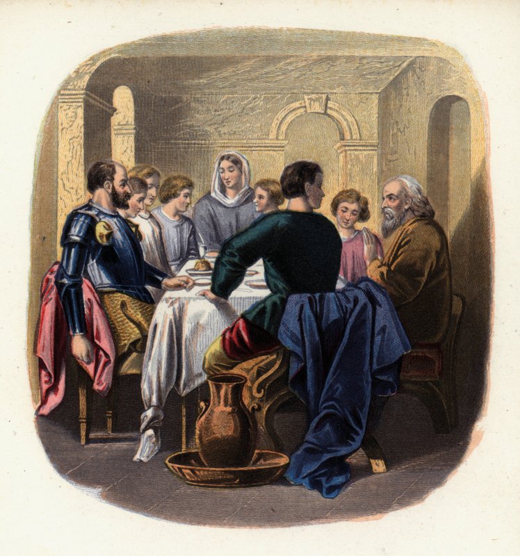 Christiana és a zarándokok Gaius házában, illusztráció a zarándokok haladásából, John Bunyantól (színes litó) alkotó: English School