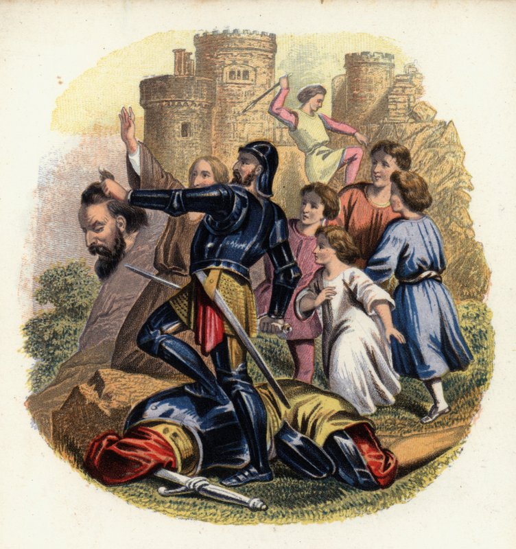 Christiana és a zarándokok nézik, ahogy Greatheart megöli az Óriás Kétségbeesést, egy illusztráció John Bunyan A zarándokok haladásából (színes litó) alkotó: English School