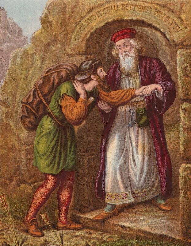Christian érkezése a kapuhoz (színes litográfia) alkotó: English School