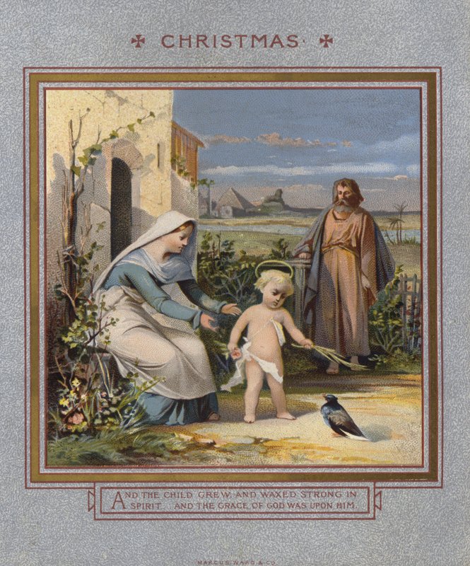 Karácsonyi üdvözlőlap: Jézus galambbal játszik, szülei vigyáznak rá (chromolitho) alkotó: English School
