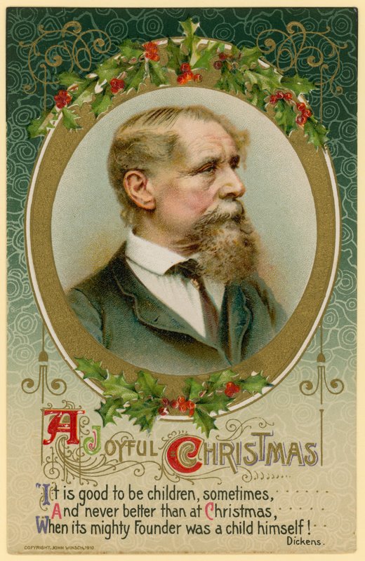 Karácsonyi üdvözlőlap Charles Dickens szereplésével alkotó: English School