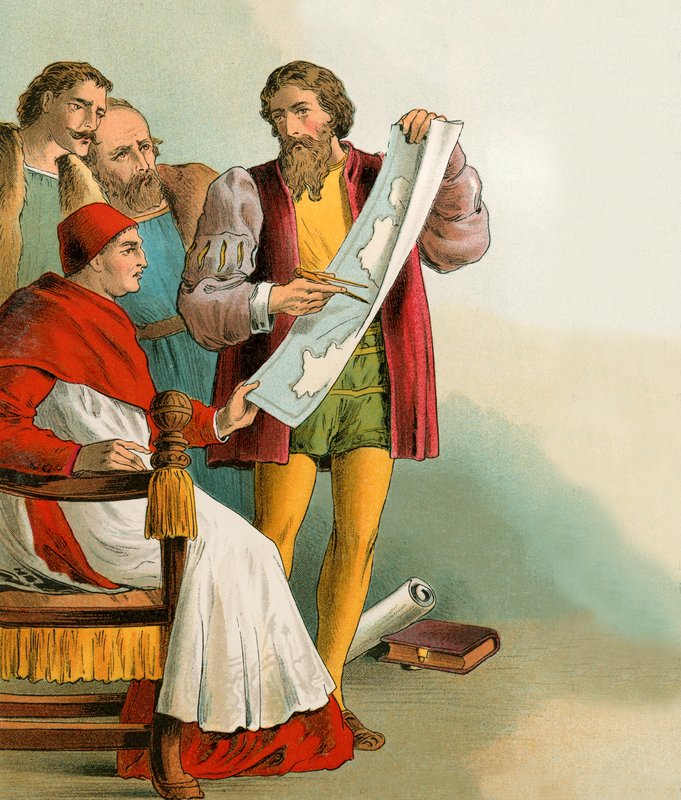 Kolumbusz Kristóf megmutatja terveit az őt eláruló portugáloknak alkotó: English School