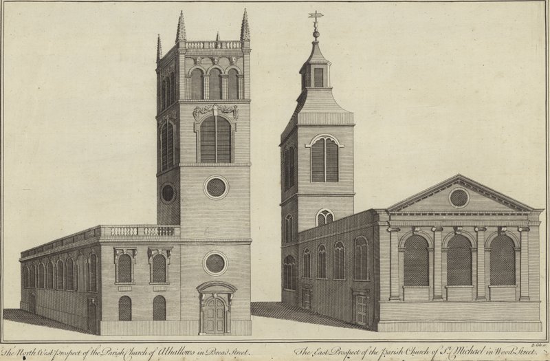 Allhallows-templom a Bread Street-en és a Szent Mihály-templom a Wood Street-en, Londonban alkotó: English School