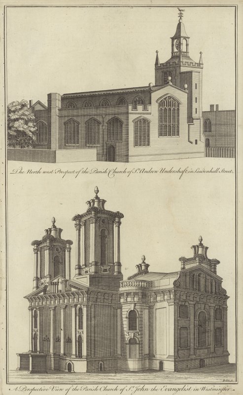 Szent András Undershaft templom a Leadenhall Streeten és Szent János evangélista templom Westminsterben, Londonban alkotó: English School