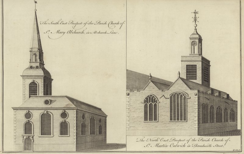 St Mary Abchurch templom, Abchurch Lane és St Martin Outwich templom a Threadneedle Street-en, Londonban alkotó: English School