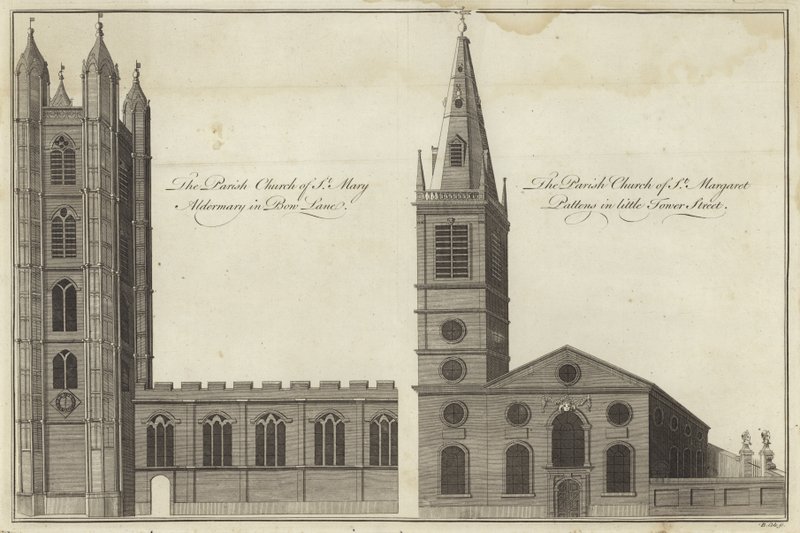 Szent Mária Aldermary templom a Bow Lane-ben és Szent Margaret Pattens templom a Little Tower Street-ben, London alkotó: English School