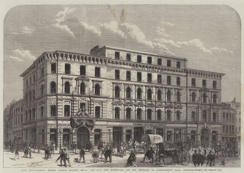 Városfejlesztések, Messers Thomas Tapling, Beall és a vállalat új raktárépülete, valamint a Gresham Street bejárata a rövidáru-csarnokba (metszet) alkotó: English School
