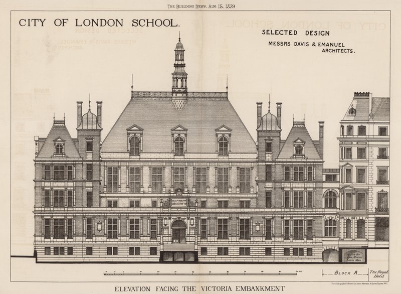 City of London School; magaslat a Victoria rakpartra néz alkotó: English School