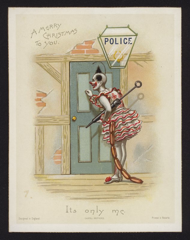 Bohóc kopogtat a rendőrség ajtaján (chromolitho) alkotó: English School