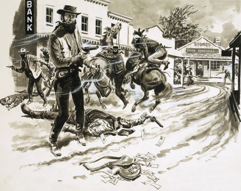 Cole Younger, a Jesse James Gang tagja egy lövöldözésben alkotó: English School
