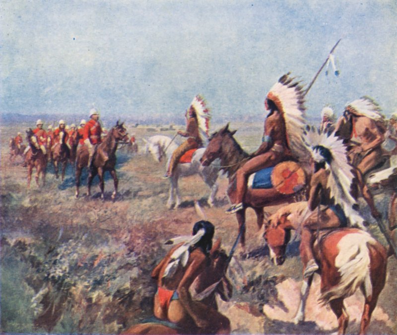 Macleod ezredes, az Északnyugati Királyi Lovasrendőrség ezredese indiánokkal tárgyal Fort Macleodban (színes lithó) alkotó: English School