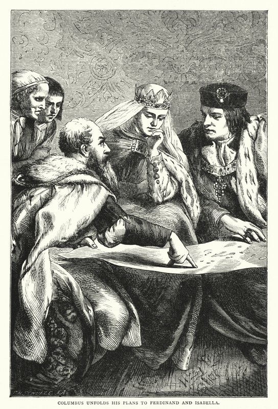 Kolumbusz feltárja Ferdinánd és Izabellának szóló terveit (színes metszet) alkotó: English School