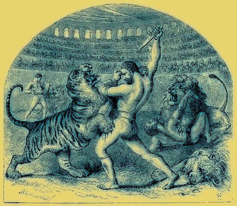 Gladiátorok harca vadon élő állatokkal, illusztráció a The Illustrated History of the Worldből, megjelent 1880 körül (digitálisan javított kép) alkotó: English School