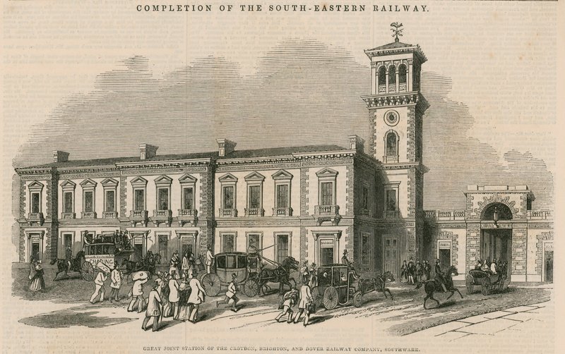 A délkeleti vasút befejezése: a Croydon, Brighton and Dover Railway Company nagyszerű közös állomása, Southwark, London alkotó: English School
