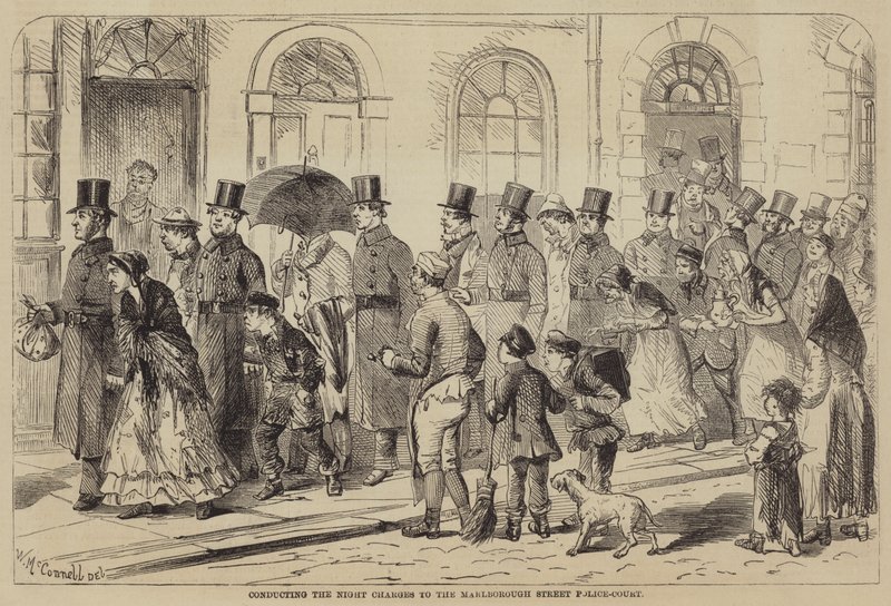 Éjszakai vádemelés a Marlborough Street Police-Bíróság előtt (metszet) alkotó: English School