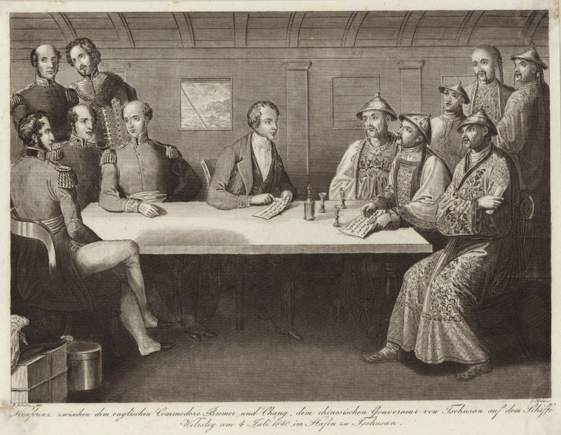 Konferencia Chusanban Bremer Commodore és egy kínai tisztviselő között a HMS Wellesleyről 1841. július 4-én alkotó: English School