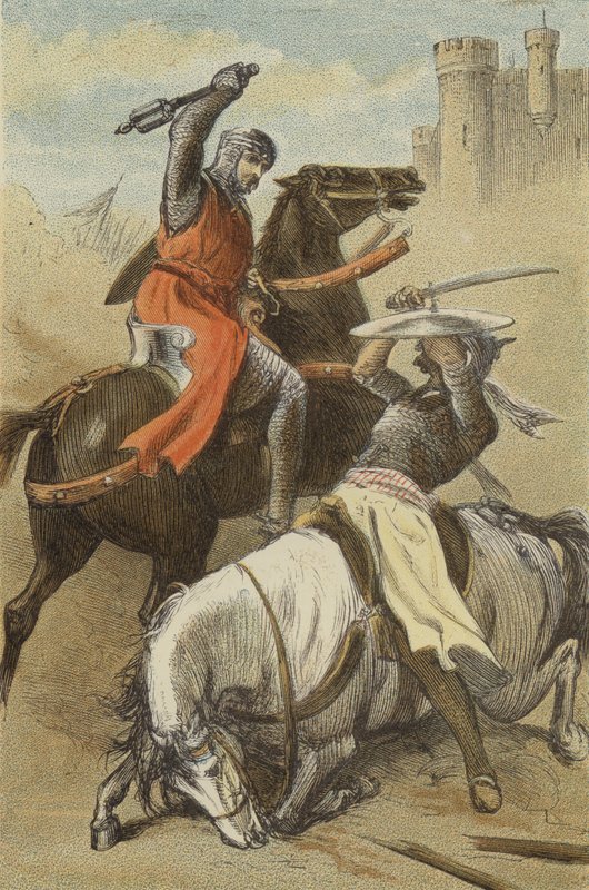 Godfrey de Bouillon és a szaracénok konfliktusa Antiochiában (színes metszet) alkotó: English School