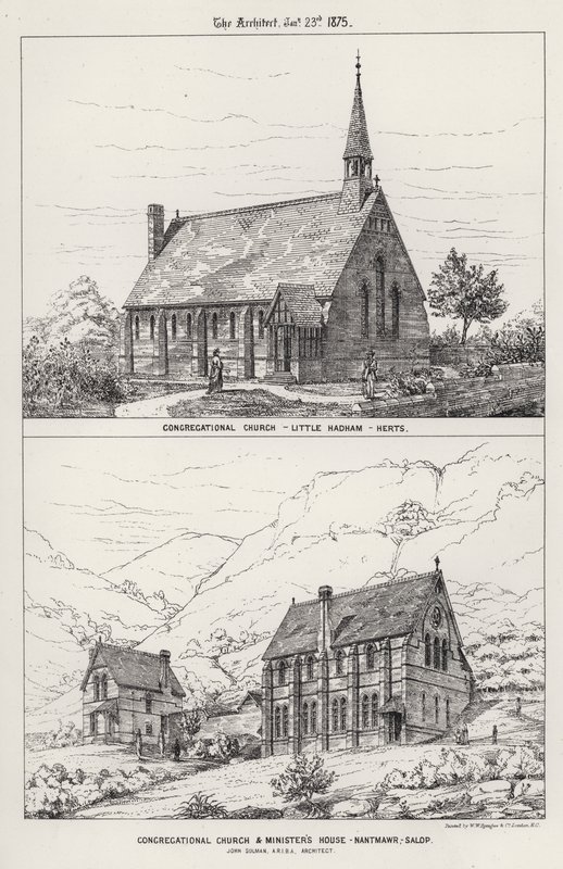 Gyülekezeti templom, Little Hadham, Herts; Gyülekezeti templom és miniszteri ház, Nantmawr, Salop (metszet) alkotó: English School