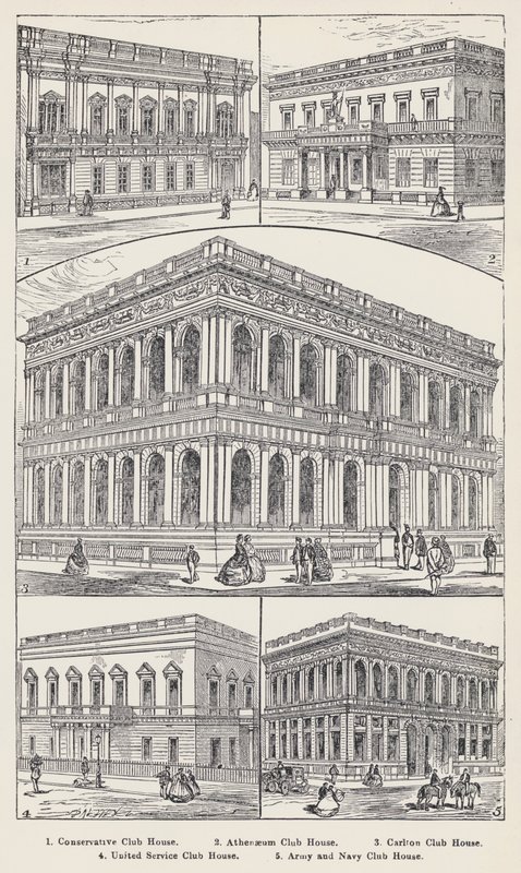 Konzervatív klubház, Athenaeum klubház, Carlton klubház, United Service klubház, hadsereg és haditengerészet klubháza (metszet) alkotó: English School