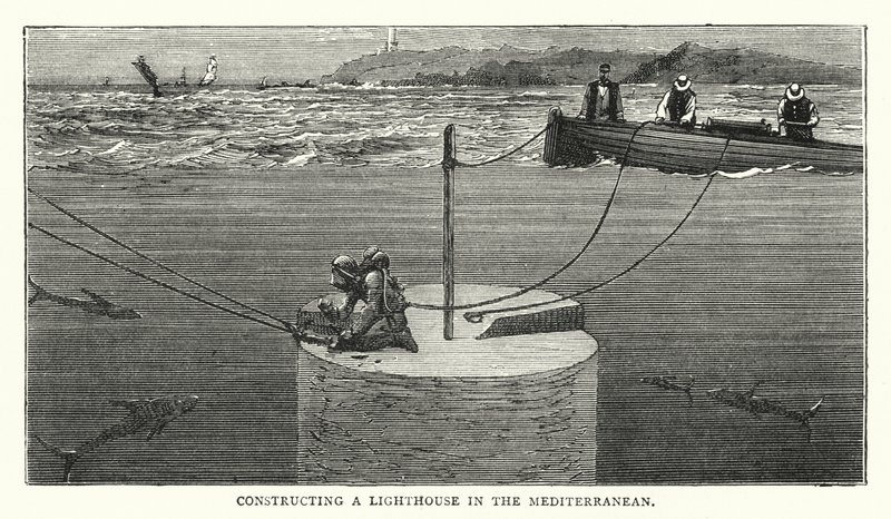 Világítótorony építése a Földközi-tengeren (színes metszet) alkotó: English School