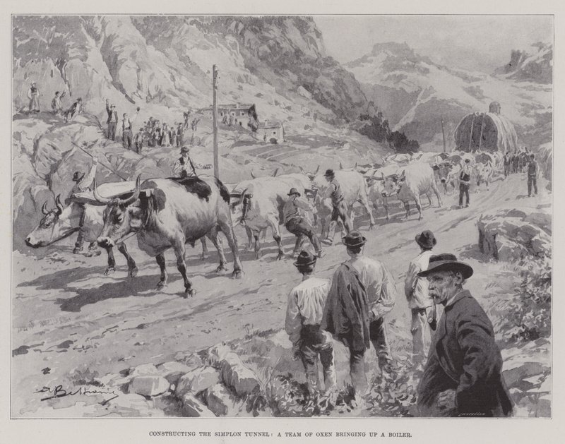 A Simplon-alagút építése, egy ökörcsapat, akik egy kazánt hoznak létre (litho) alkotó: English School