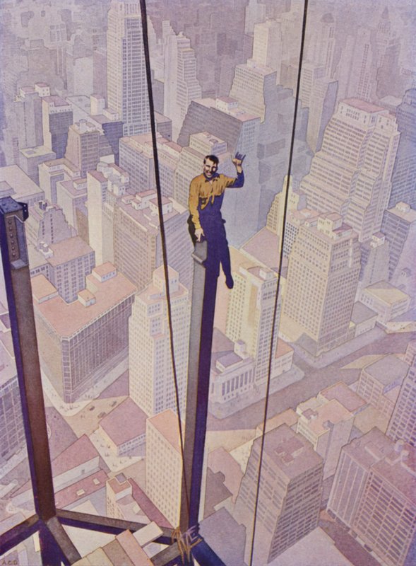 Építőmunkás egy felhőkarcoló acélvázán magasan New York utcái felett, New York, USA (színes litho) alkotó: English School