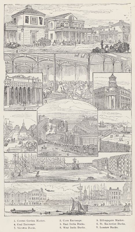 Covent Garden Market, Corn Exchange, Billingsgate Market, Coal Exchange, East India Docks, St Katherine Docks, Victoria Docks, West India Docks, London Docks (metszet) alkotó: English School