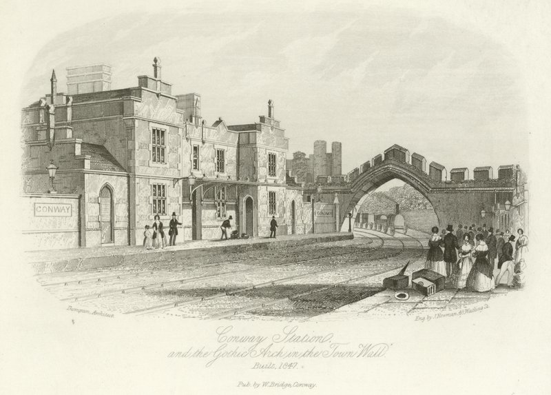 A Conwy pályaudvar és a gótikus boltív a városfalban, 1847-ben épült alkotó: English School