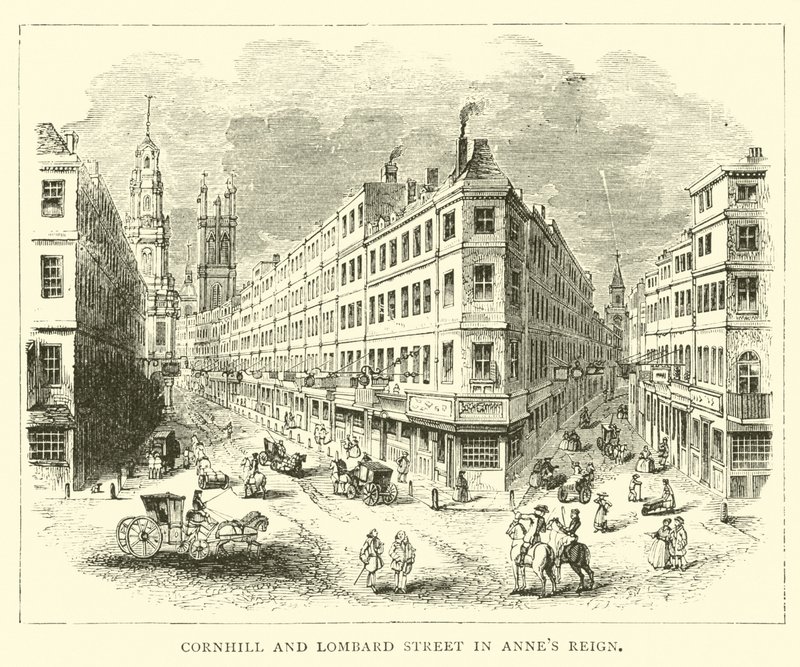 A Cornhill és a Lombard Street uralkodik Annes-ban alkotó: English School