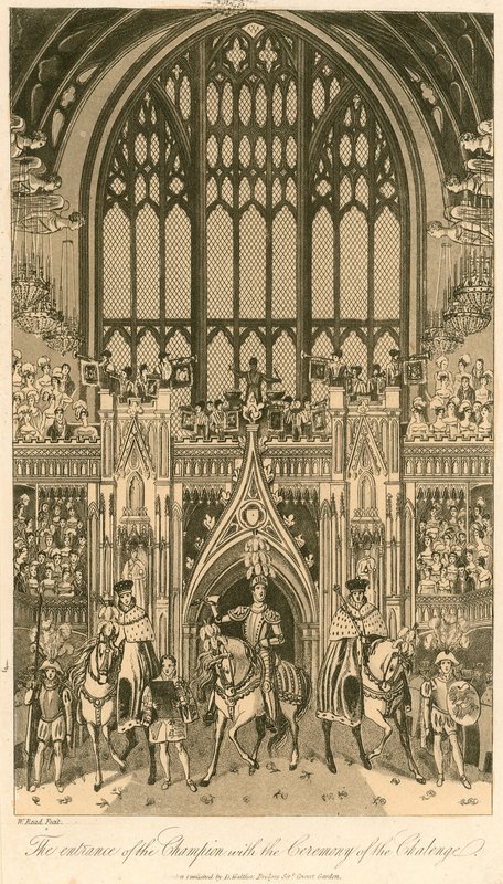 IV. György király koronázási bankettje a Westminster Hallban, 1821. július 17.; A Champion belépője a Kihívás Ceremóniájával alkotó: English School