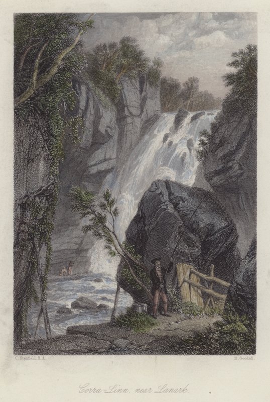 Corra Linn, Lanark közelében, Skóciában (színes metszet) alkotó: English School