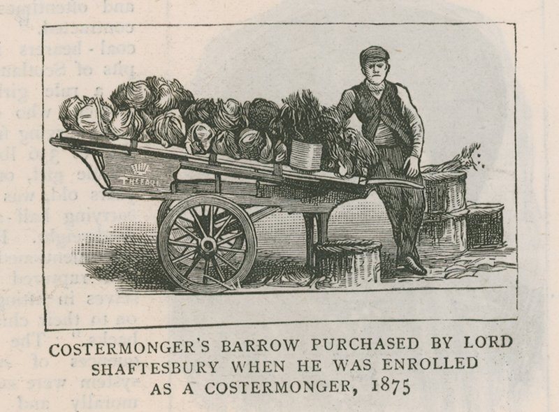 Costermongers talicska Lord Shaftesbury vásárolta meg, amikor beiratkozott költségkereskedőnek, 1875 alkotó: English School