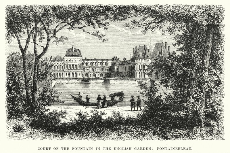 A szökőkút udvara az angol kertben, Fontainebleau (metszet) alkotó: English School