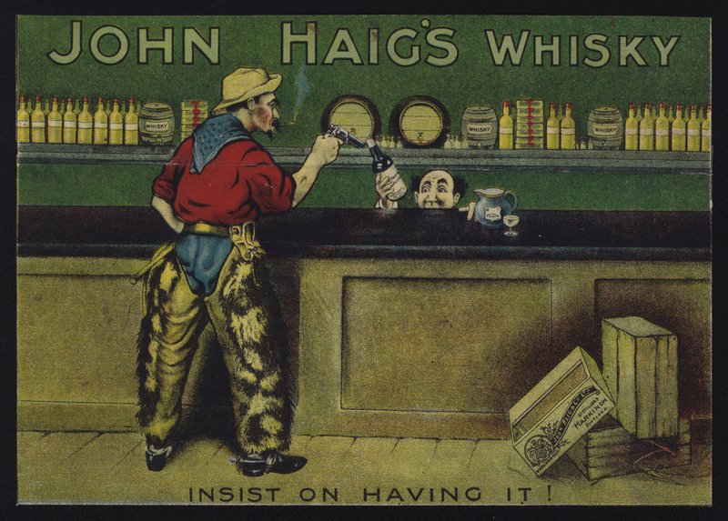 Cowboy egy szalonban, reklám John Haig whiskyjére alkotó: English School