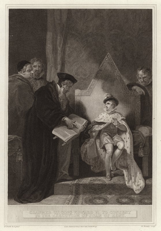 Cranmer sürgeti VI. Edwardot, hogy járuljon hozzá Joan of Kent kivégzéséhez alkotó: English School