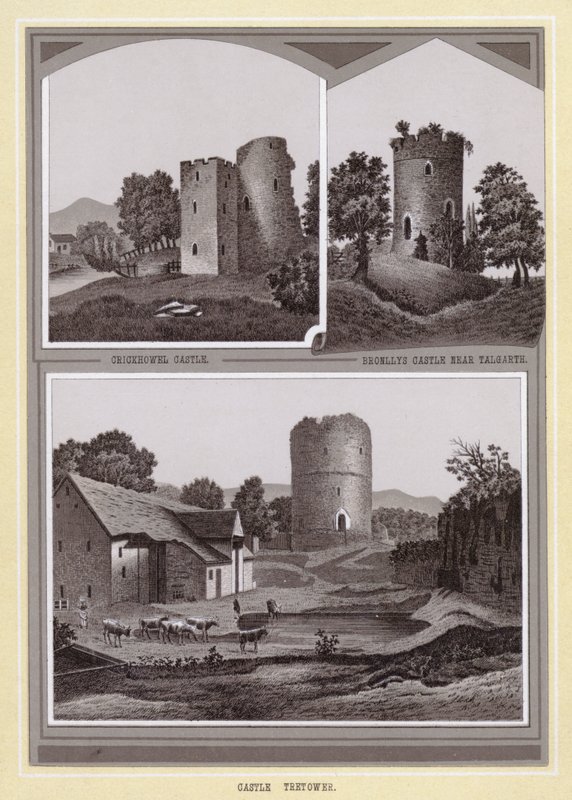 Crickhowel kastély; Bronllys kastély Talgarth közelében; Tretower vár (litho) alkotó: English School