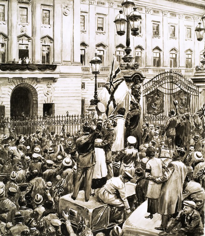 A Buckingham-palota előtti tömeg éljenzi V. György királyt a fegyverszünet napján alkotó: English School