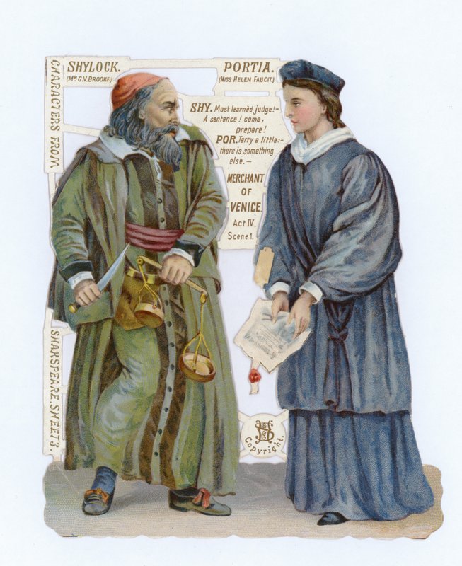 Shylock és Portia kivágása A velencei kereskedőből alkotó: English School
