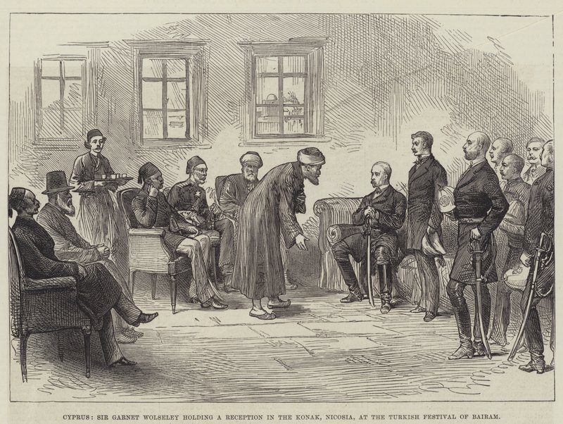 Ciprus, Sir Garnet Wolseley fogadást tart a nicosiai Konakban, a Bairam Török Fesztiválon (metszet) alkotó: English School
